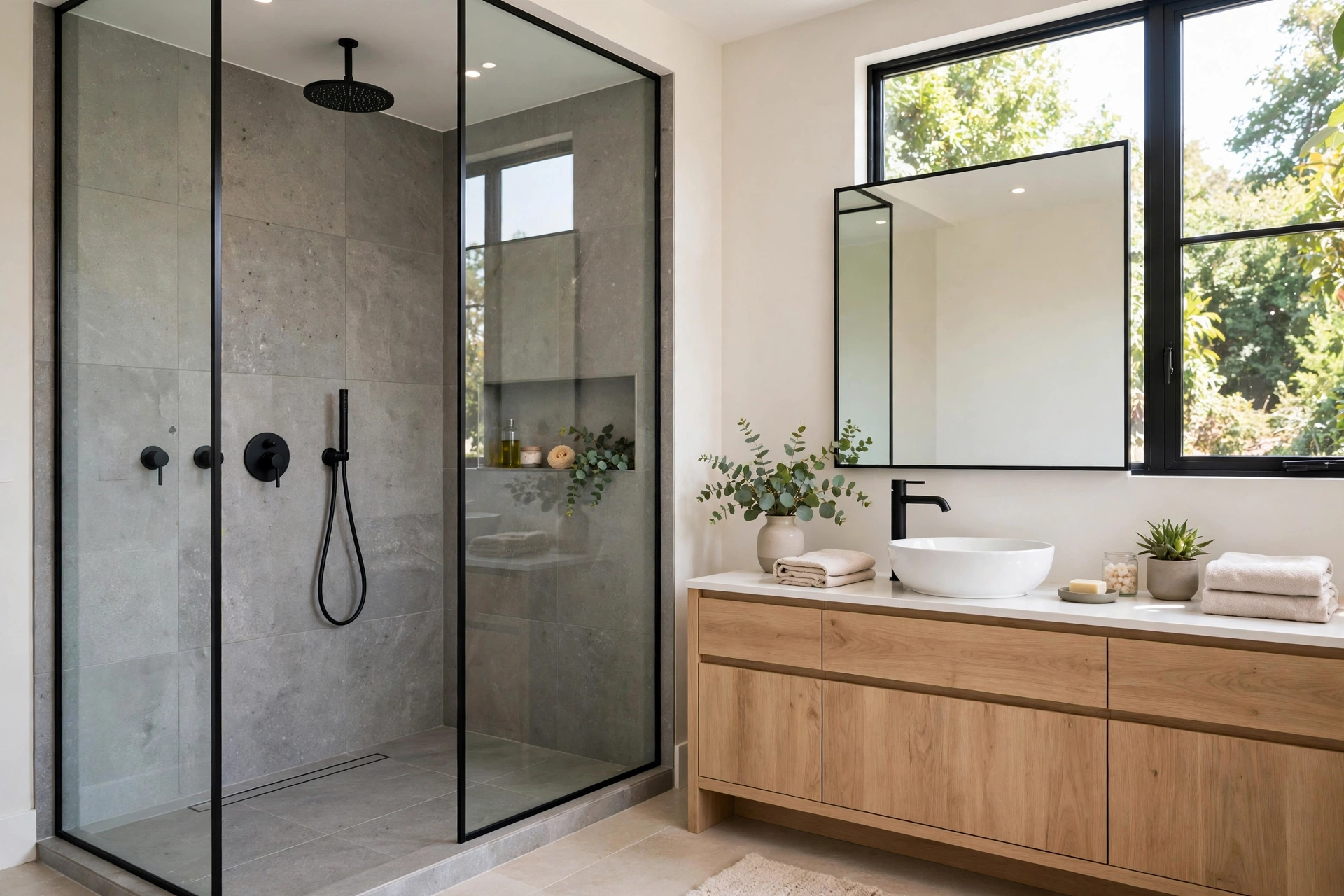 Renovated modern bathroom with a walk-in shower, grey tiles and a wood vanity