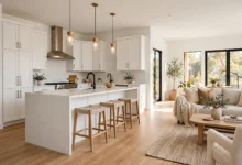 Renovated open-plan kitchen and living room with light oak floors and white cabinets