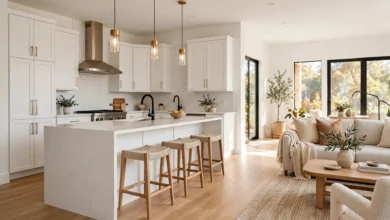 Renovated open-plan kitchen and living room with light oak floors and white cabinets