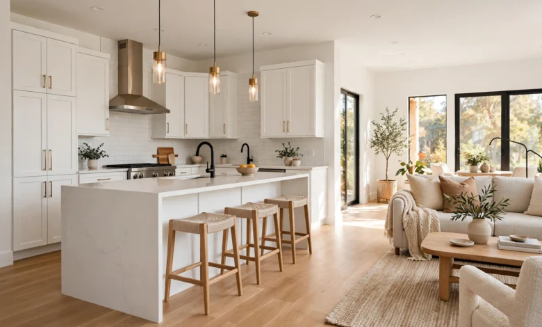 Renovated open-plan kitchen and living room with light oak floors and white cabinets