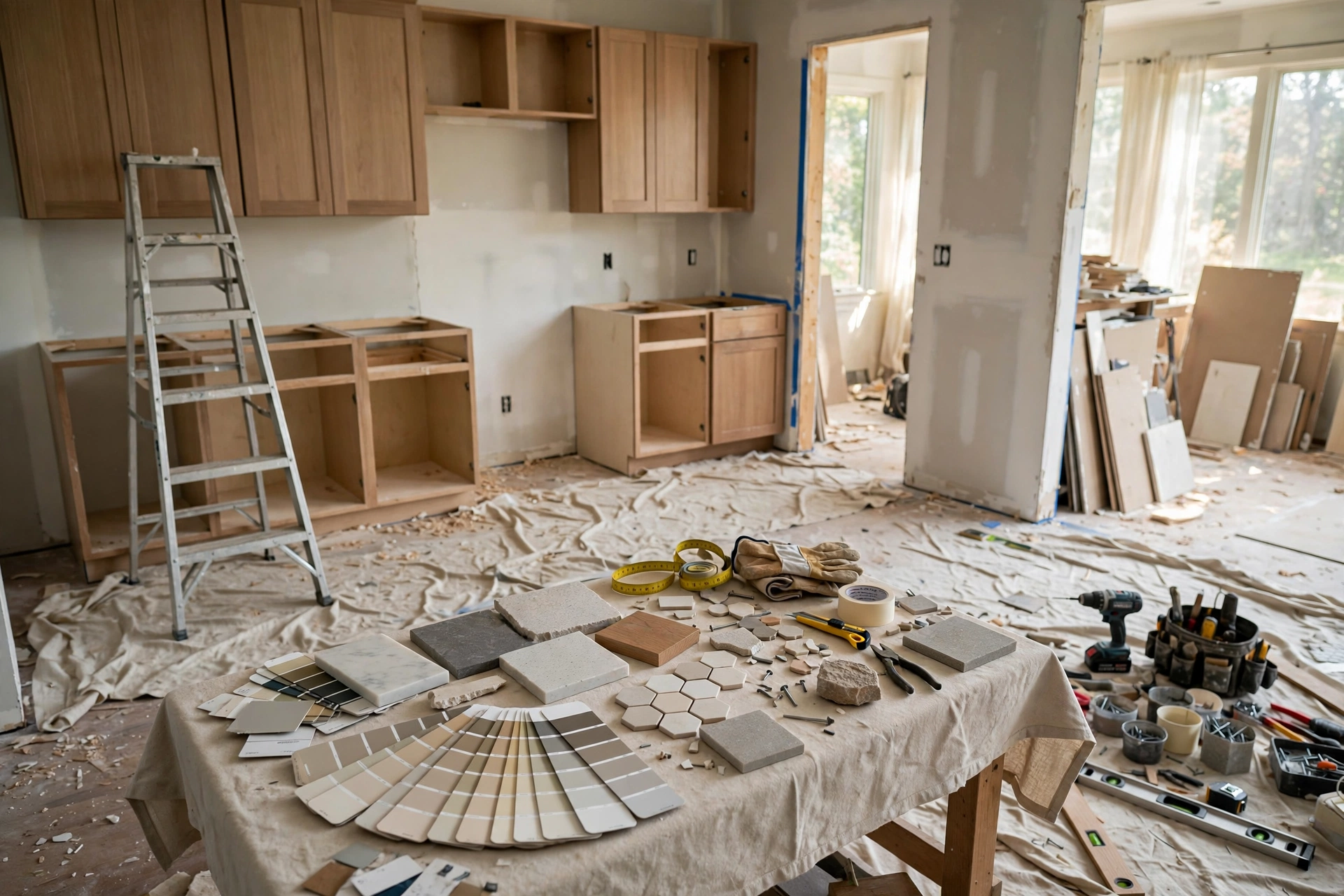 Home renovation in progress with new kitchen cabinets being installed